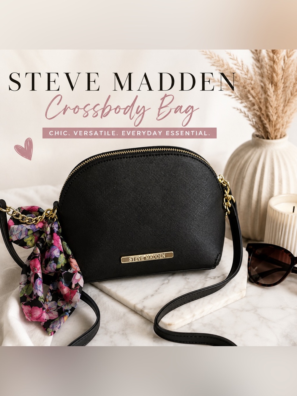 Steve Madden Black Dome Crossbody Bag with Floral Scarf Accent